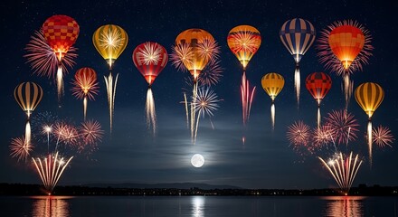 Stunning Night Sky with Colorful Fireworks and Full Moon Reflected on Water.