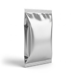A blank silver foil stand up pouch with a crimped bottom edge representing packaging for food or other products isolated on white background