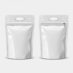 Two blank white stand up pouches with resealable zipper and hang hole for product packaging and branding mockup isolated on white background
