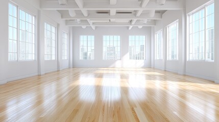 Obraz premium Spacious and Bright Empty Room with Large Windows Offering Natural Light in Modern Interior Design Setting