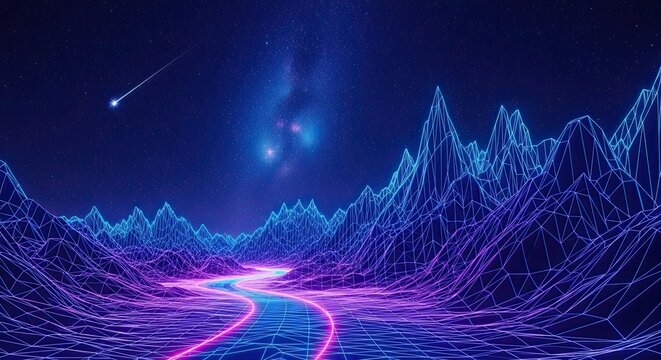 Stunning neon landscape with vibrant glowing mountains and a starlit sky, perfect for futuristic design and digital art projects