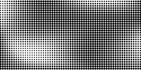 Halftone dot pattern with mesh effect in black and white. Abstract comic style gradient made of varying circular dots. Dynamic vintage texture background. Pop art vector illustration