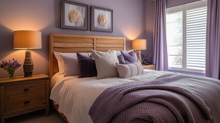 A contemporary bedroom featuring a cozy queen bed, soft lavender walls, and sophisticated wooden textures for a warm and inviting atmosphere.