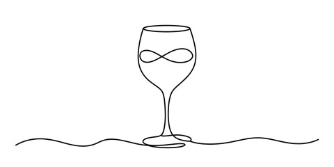 Continuous line art drawing of a minimalist wine glass containing an infinity symbol, representing endless celebration and modern elegance