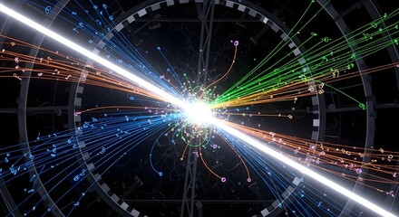 Abstract visualization of data stream with colored particles on a dark background
