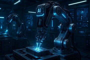 Fototapeta premium Robotic arm with ai inscription precisely assembling a microchip in a futuristic factory