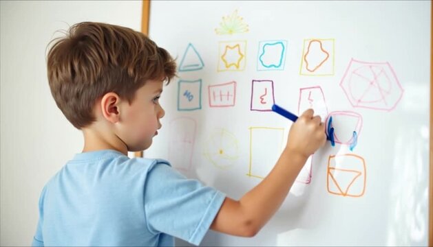 Young boy drawing shapes on whiteboard with colorful markers   - Powered by Adobe