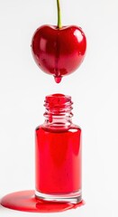 Whole red cherry with dripping juice into a clear glass dropper bottle with pink liquid. Concept for natural cherry extract, antioxidant serum, or organic cosmetic product mockups.