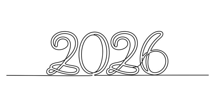 Year 2026 handwritten in single continuous line drawing art style. future concept for new year, celebrations, and upcoming events