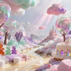 Magical Dessert Realm With Lollipop Trees and Cream Rivers