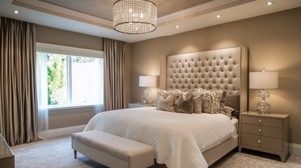 A contemporary bedroom with a feature wall, designer pendant lighting, and a sophisticated neutral color palette