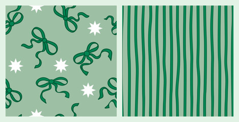 Whimsical Coquette seamless pattern set. Green Ribbon Bow and stars. Pretty Girly bows with White stars on Pastel green background. Trendy feminine art for textile, fabric, wallpaper, wrapping.
