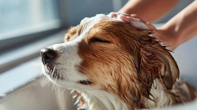 Relaxed Dog Enjoying a Bath with Owner's Hands Gently Massaging Head