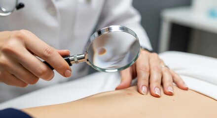 Doctor examines skin lesion on patient's abdomen using magnifying glass