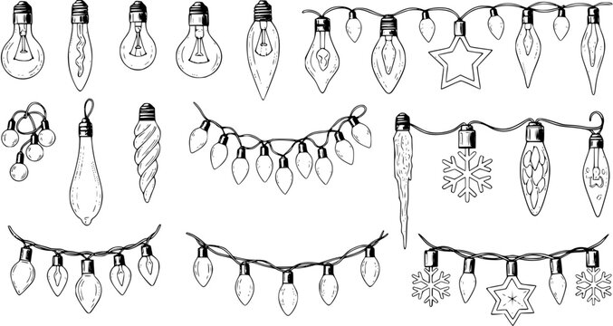 Hand-drawn collection of vintage and modern light bulbs, festive Christmas string lights, and holiday garlands with stars, snowflakes, and icicles in sketch style vector art.