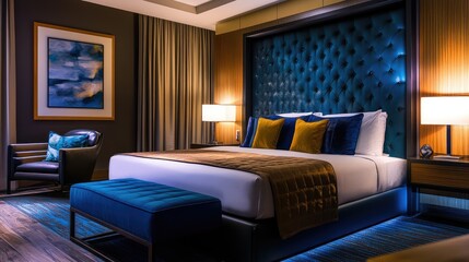 A contemporary bedroom with a plush queen bed, electric blue tones, and smooth wooden textures, exuding a trendy and sophisticated feel.