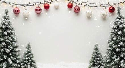 Festive christmas scene with snowy trees and hanging ornaments