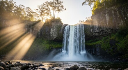 Majestic waterfall with sunlit mist and lush greenery at sunrise
