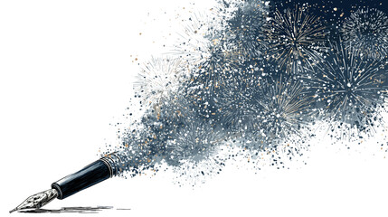 Fountain pen drawing fireworks isolated on
