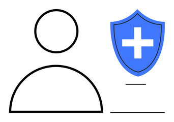 Minimalist person outline beside shield with cross symbolizing protection, safety, and healthcare. Ideal for health insurance, medical care, safety, protection, security trust themes. Simple flat