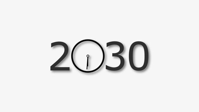 2030 Year clock animation on white background. Digital clock icon concept future calendar design video.