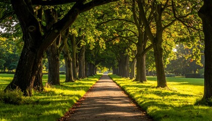 A stone path extends into the distance, lined by trees with verdant foliage. Sunlight filters through the canopy, illuminating the way