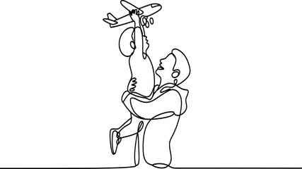 One continuous line art of a dad lifting his joyful child with a toy airplane, illustrating family connection, play, and big dreams and futures.