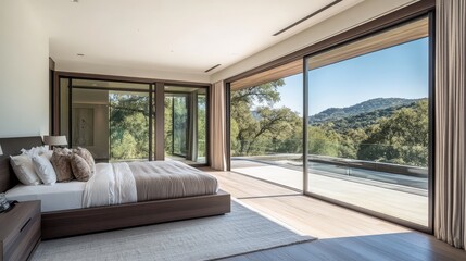 A contemporary bedroom with large sliding glass doors, a luxurious bed, and a minimalistic yet elegant design