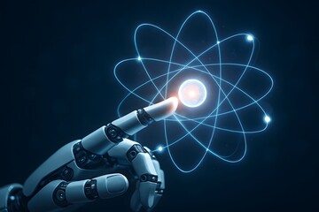 Robotic hand touching atom model, representing artificial intelligence and future technology concept
