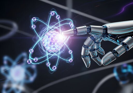 Robotic arm holding an atom model with glowing light on a dark blue background