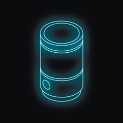 Neon blue smart speaker glowing on black background, representing voice activated digital assistant and modern technology