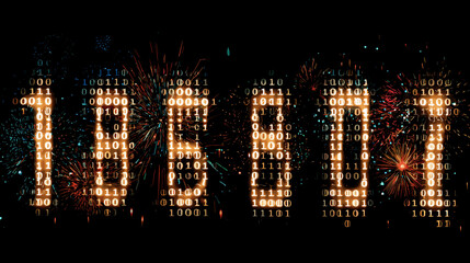 Binary code number with firework background for digital technology concept