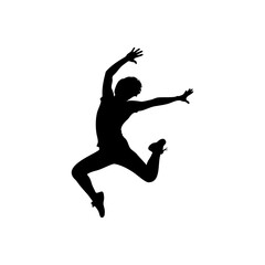 A silhouette of a person jumping with arms raised in a dynamic pose against a white background plain style