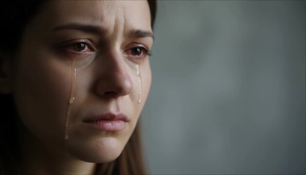 Young woman with sad face and tears on gray background  