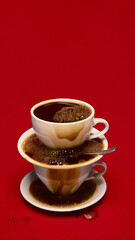 Overflowing stacked coffee cups on bold red background. Concept of coffee advertising, cafe branding, menu design, packaging and art-poster visuals.