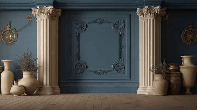 Classic blue interior with columns, antique vases and copy space