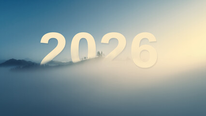 New year 2026 inspirational abstract nature background and foggy horizon of mountain hills and...