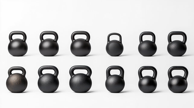 Multiple black kettlebells on transparent background