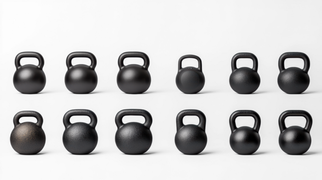 Multiple black kettlebells on transparent background
