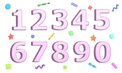 Set of cute cartoon numbers from zero to nine. Suitable for greeting cards, banners, flyers, postcards, birthday party designs, etc. Collection of numbers isolated on white background. 3d rendering