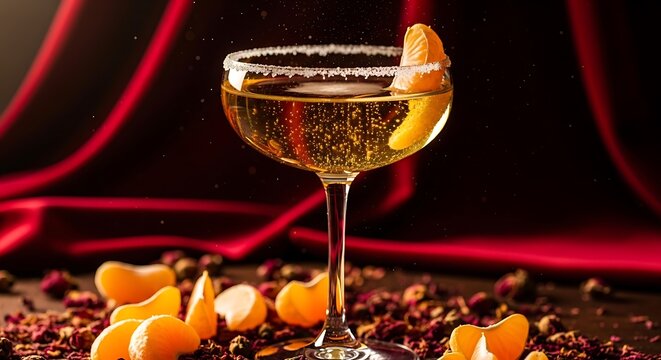 Elegant champagne coupe cocktail garnished with orange peel and surrounded by citrus segments and spices - Powered by Adobe