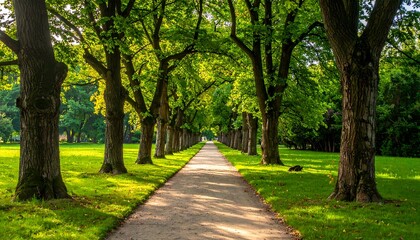 A stone path extends into the distance through a park, flanked by tall trees with full canopies casting shadows on the grass