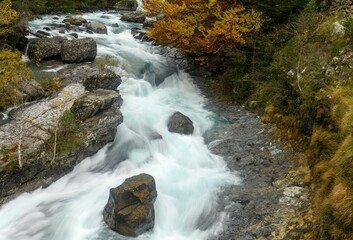 Fototapeta premium Ara River through the Bujariego Valley, in Ordesa. Spain