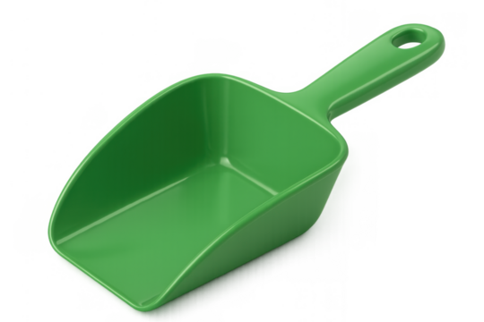 Green plastic kitchen scoop for food serving or baking, measuring ingredients, and transferring dry goods