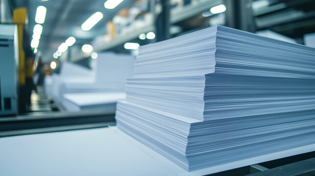 manufacturing white paper at factory, cut in stack of white paper on conveyor belt, paper production for technical drawing, drawing, generative ai
