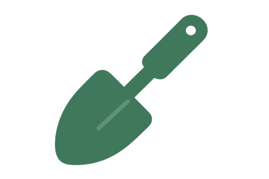 Green gardening trowel icon representing planting, digging, and horticulture leisure activities with a simple design