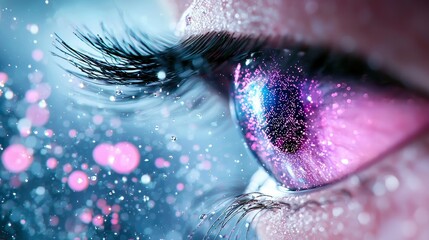 A macro shot of a human eye with a vibrant, galaxy-like iris and sparkling particles floating around.