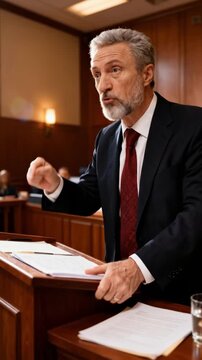 Male attorney passionately arguing a case in a courtroom. Vertical video of a senior politician giving a powerful speech from a podium during a trial. Justice and law concept