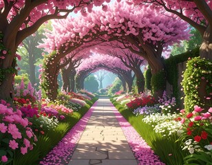 A stone path leads through a floral archway. Pink blossoms bloom from overhead trees and adjacent flower beds. Green shrubs line the sides