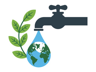 Water conservation logo concept with a faucet dripping a water droplet containing the earth, symbolizing environmental sustainability
